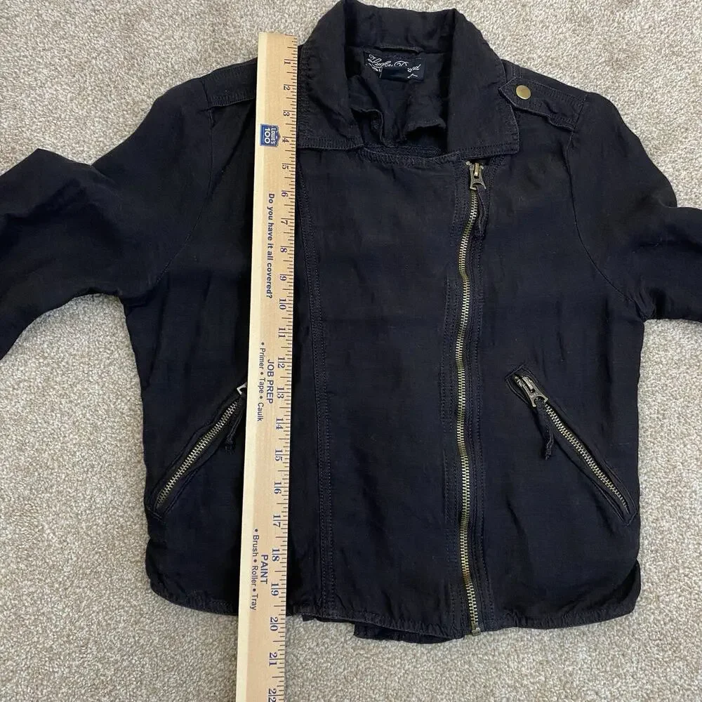 Lucky Brand Womens Linen Blend Moto Biker Jacket Black Sz S Grunge Streetwear - Picture 11 of 11
